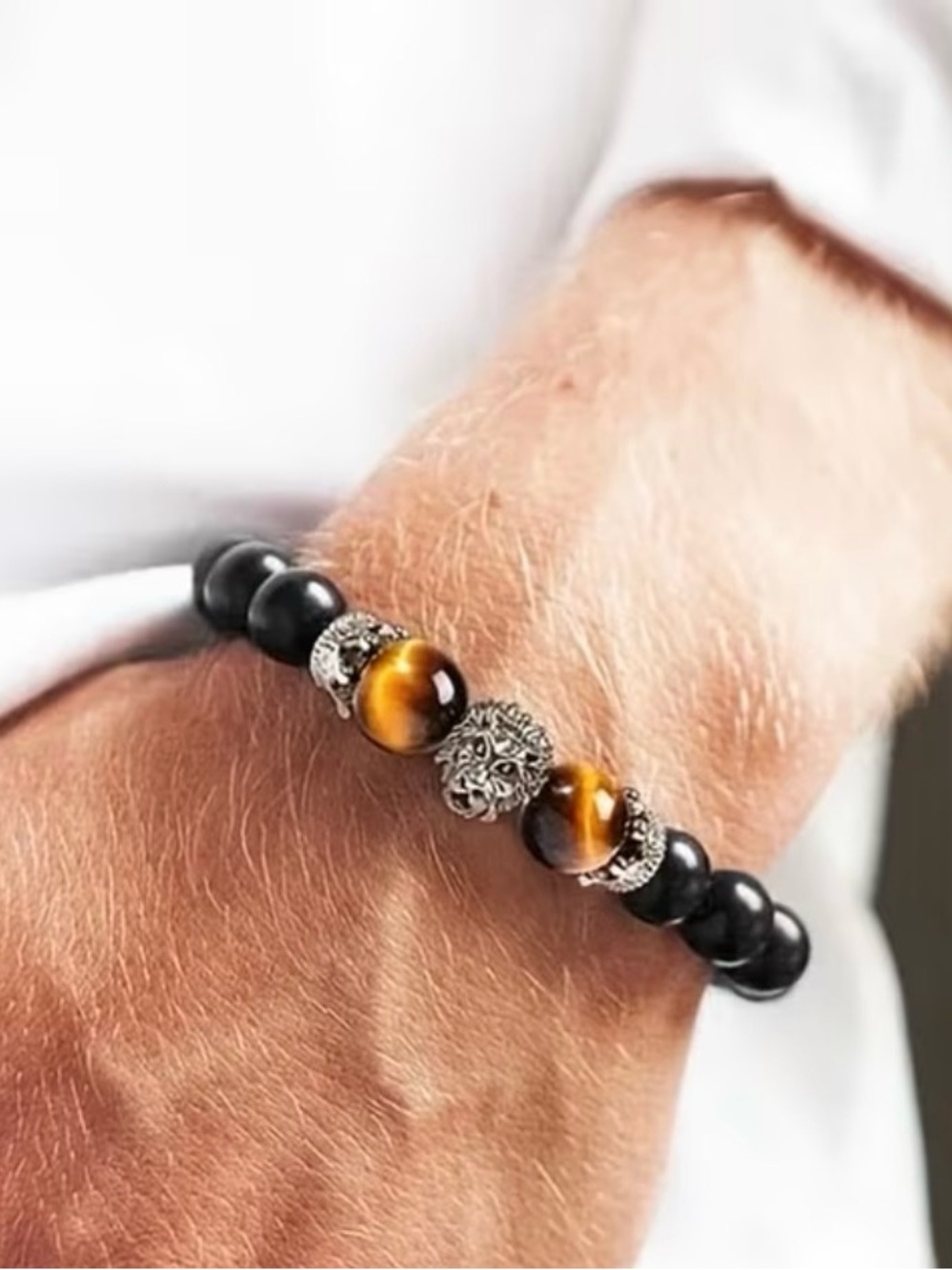 Gold Lion Black Bead Stretch Bracelet for Men